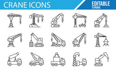 Editable Crane Icons Set, Vector Symbols for Construction and Heavy Machinery, Crane Illustrations for Digital and Graphic Design Projects