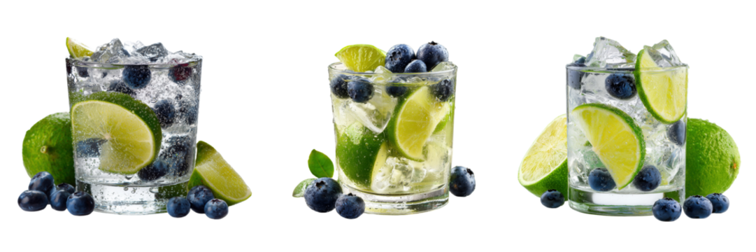Set of Chilled Cocktail with Lime Slices and Blueberries on Ice Isolated on Transparent Background
