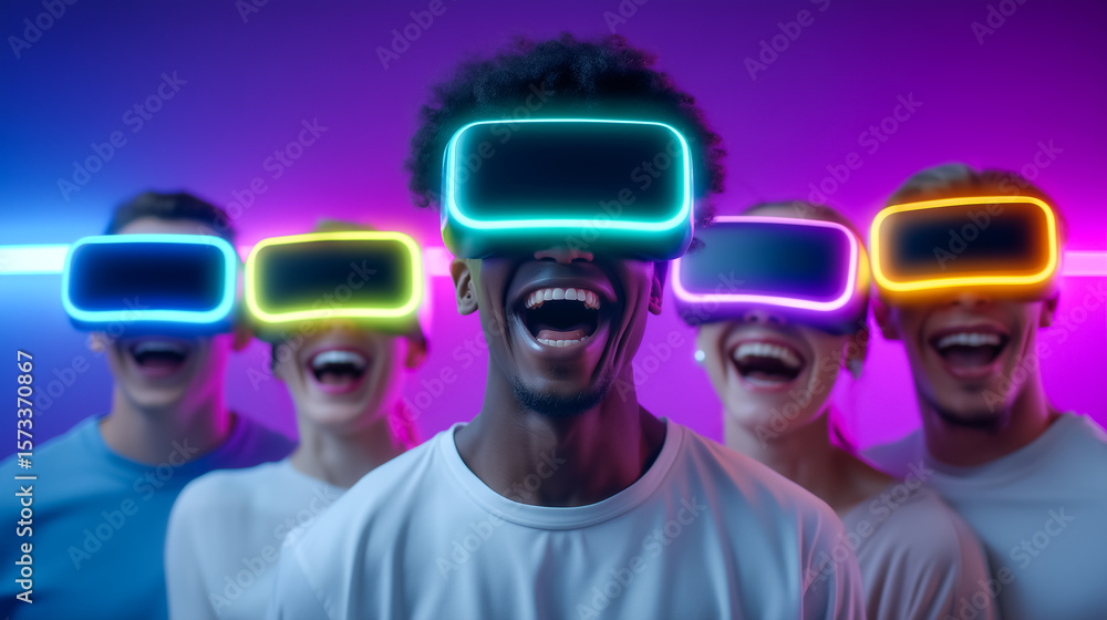 Poster group of friends wearing vibrant vr headsets while laughing and enjoying a virtual reality experienc