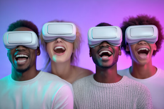 Group of friends wearing virtual reality headsets while laughing and enjoying immersive experience. Colorful purple and blue background enhances atmosphere