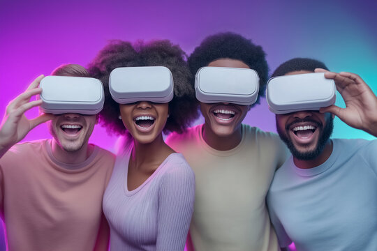 Friends are smiling and looking at camera while wearing virtual reality headsets. Bright colorful background enhances excitement in modern tech space. Concept of gaming, technology, entertainment