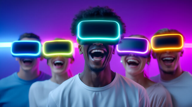 Group of friends wearing vibrant VR headsets while laughing and enjoying a virtual reality experience. Setting features dynamic purple and blue lighting, creating an exciting atmosphere
