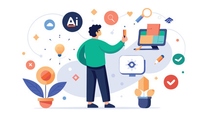 Illustration of a creative designer working with digital tools and design elements around him