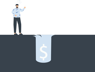 Confused Businessman Looking at Dollar Sign in a Hole, Financial Concept, Business Problem,financial concept, business problem, confused businessman, dollar symbol, dark background