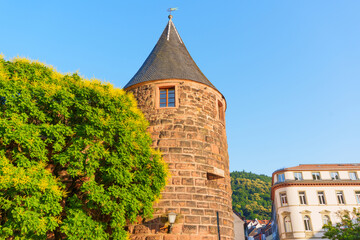 Naklejka premium Historic Stone Tower Surrounded by Lush Greenery in Heidelberg