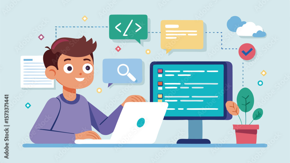 Poster illustration of a young programmer working on a laptop with code on the screen and speech bubbles
