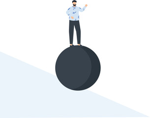 Man Standing on a Sphere, Abstract Concept of Challenge, Risk, and Overcoming Obstacles,abstract concept, dark sphere, light blue, white background, minimalist design