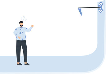 Confused Man with Question Marks, Target and Arrow, Conceptual Illustration,confused expression, question marks, blue shirt, plaid pants, black shoes, target practice, white background, blue backgroun
