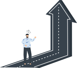 Man Pondering Path Forward with Arrow Road, Concept of Choices and Decisions,business concept, career path, decision making, upward arrow, road ahead,