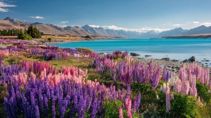 Lake Pukaki's Serene Beauty: Lupines and Mountainscape