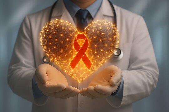 Aids awareness ribbon heart held by doctor for world aids day campaign and hiv prevention concept on transparent background - Powered by Adobe