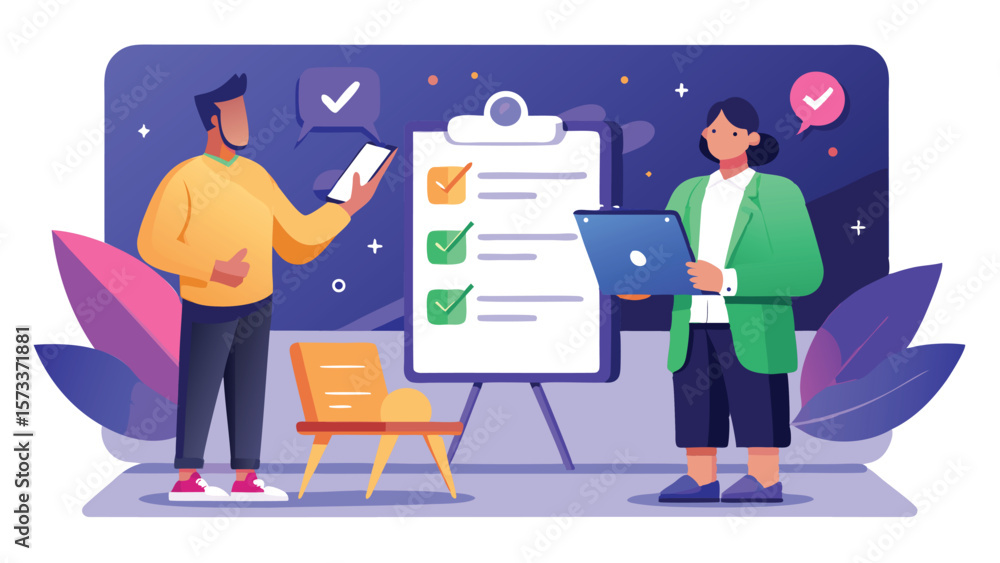 Poster two people reviewing a checklist on a clipboard with checkmarks and using digital devices for work