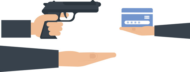 Hand holding a gun pointing at a credit card, concept of financial crime and security breach,black gun, credit card, hand holding, financial crime, white background,