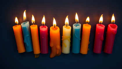 Colorful tapered candles drip wax onto a dark blue surface, glowing softly in warm light.
