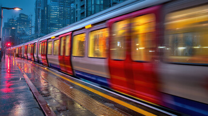 Fototapeta premium a unique angle, the red tube train passes quickly, with streaks and lines in the blurred background emphasizing the sense of speed and motion.