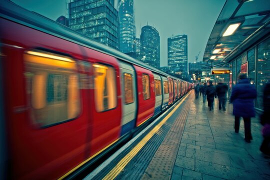 Fototapeta a unique angle, the red tube train passes quickly, with streaks and lines in the blurred background emphasizing the sense of speed and motion.