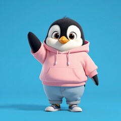 Obraz premium Adorable Cartoon Penguin Character in Pink Hoodie Waving on a Blue Background