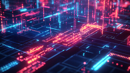 Fototapeta premium A digital note paper background with futuristic neon financial holograms cyber finance concept 