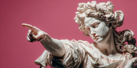 Marble Statue of Woman in Classical Robes Pointing Against Soft Pink Background. Neoclassical Art Style with Elegant Sculptural Detail and Minimalist Aesthetic.