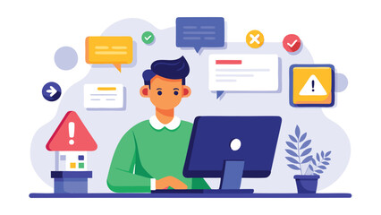 Illustration of a man at a computer surrounded by notification icons and message bubbles in a workspace