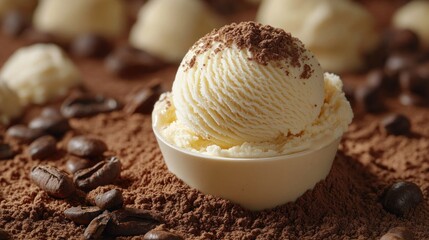 Vanilla ice cream scoop, cocoa powder, coffee beans