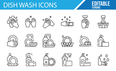 Digital Dishwash Icons Set for Kitchen Cleaning and Household Use