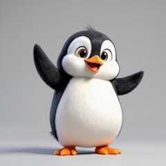 Fototapeta premium Happy Cute Cartoon Penguin Character Smiling with Arms Raised on a Gray Background