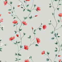 A graceful, repeating design of winding vines with vibrant coral-red flowers and budding white blossoms, set against a soft gray background, exuding a romantic feel.

