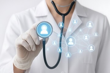 Telemedicine doctor checkup with stethoscope and digital network for healthcare and medical assistance on transparent background