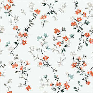 A charming, seamless design of winding floral branches with tiny peach-colored blossoms, hints of blue, and white flowers, all on a clean white background.


