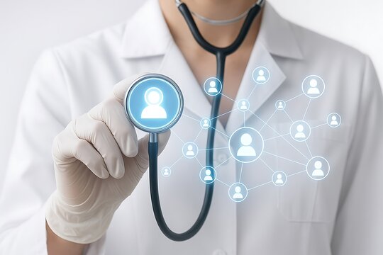 Telemedicine doctor checkup with stethoscope and digital network for healthcare and medical assistance on transparent background