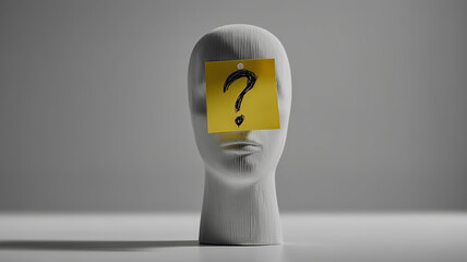 Minimalist display emphasizing curiosity with a mannequin head and sticky note