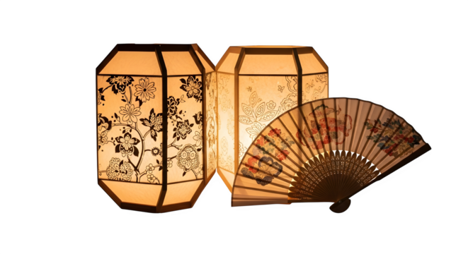 Japanese Lanterns and Fan, isolated on white background