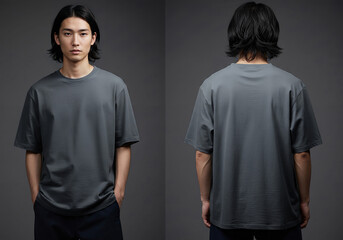 Asian man wearing blank loose-fit T-shirt, front and back view for mockup