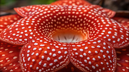 Rafflesia flower with large red petals and white spots close up showing unique natural pattern and texture in vibrant colors