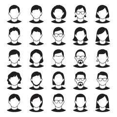 Diverse collection of black and white silhouette avatars representing people