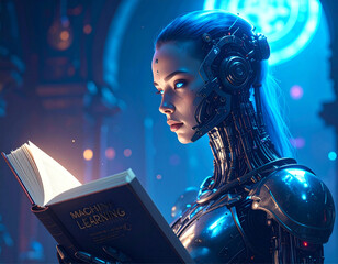 Close up em uma android fêmea de aço, lendo um livro, em ambiente iluminado e futurista.