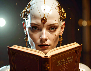 Close up em no rosto de uma android, de frente, com olhar penetrante, com partes de aço à mostra, lendo um livro.