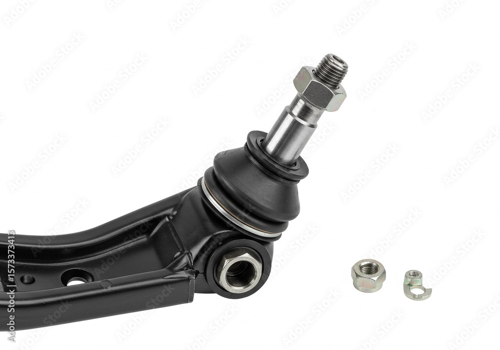 Poster a close up of a black control arm with a ball joint and nuts on a white background in studio lightin