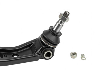 A close up of a black control arm with a ball joint and nuts on a white background in studio lighting