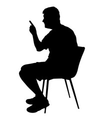 Silhouette of  man sitting on chair and pointing on something, side view. Vector illustration