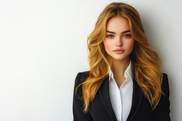 Elegant young woman exudes confidence in tailored suit against a minimalist backdrop in an urban setting