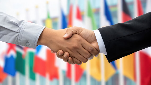 Bilateral handshake between two business people with international flags in background symbolizing global trade and cooperation