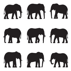 Fototapeta premium Collection of nine black elephant silhouettes on a white background