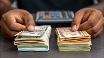 Bilateral trade concept with hands counting stacks of US dollar bills and calculator on table showing financial exchange and money management