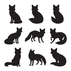 Collection of nine black fox silhouettes in various poses on a white background
