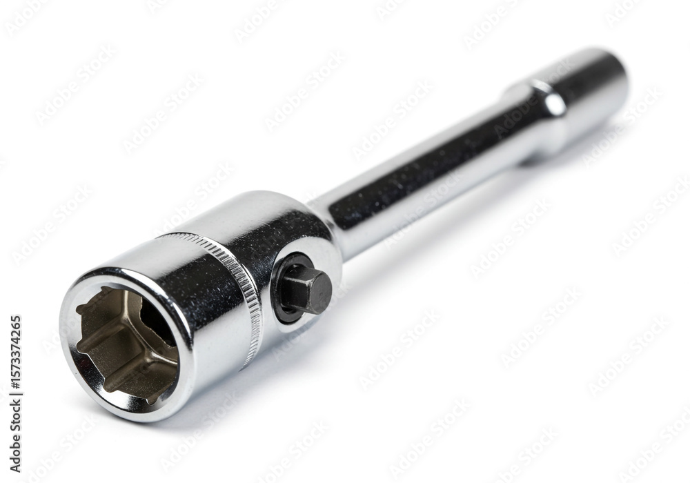Poster a close up of a shiny chrome socket wrench extension on a white surface in a studio setting