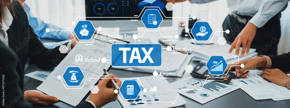 Poster this image showcases a professional office environment where a team collaborates on tax-related task