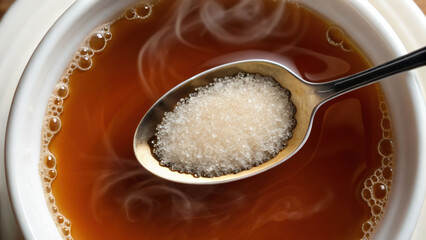 Hot liquid tea with solid sugar on spoon and gas steam rising in white cup closeup