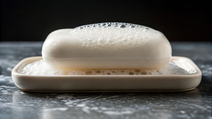 Soap bar with foam on ceramic dish on marble surface showing solid, liquid, and gas states in clean and fresh setting